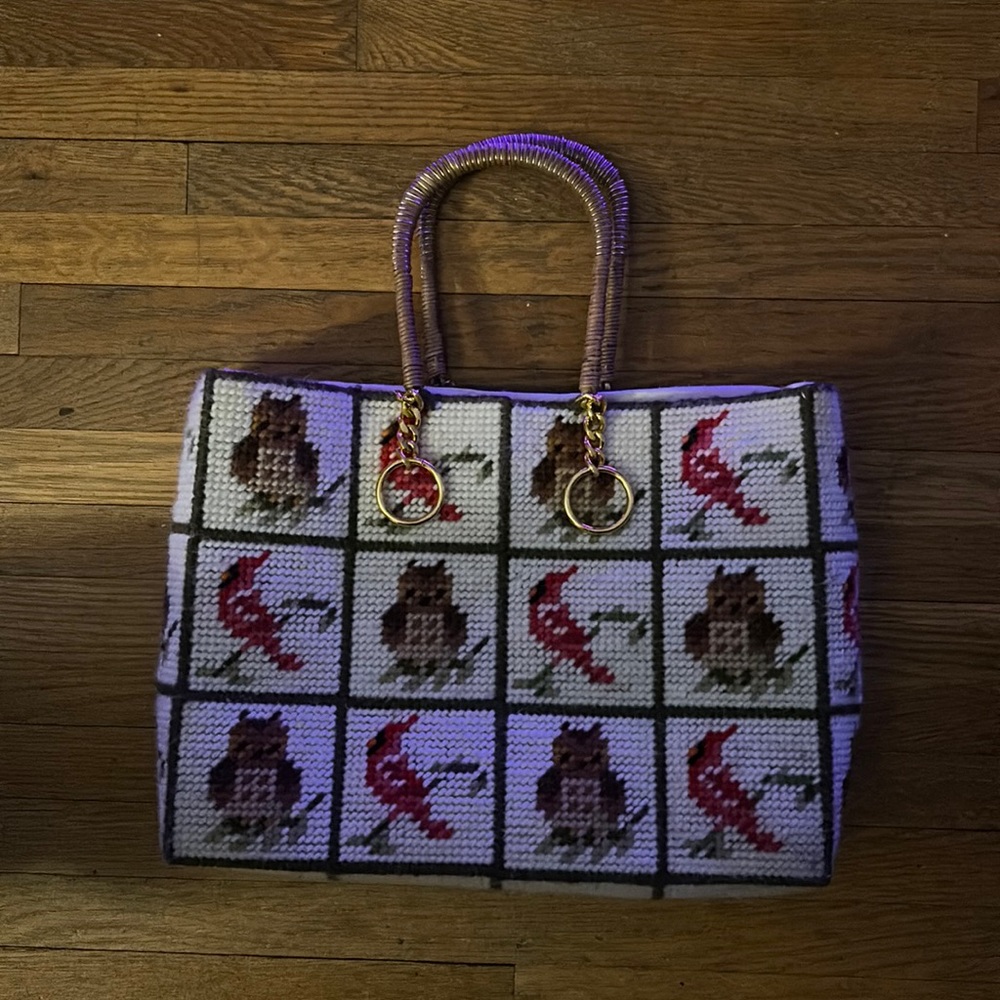Vintage 70s Cardinal Owl Needle Point Cross Stitch Patchwork UNIF Style Tote Bag